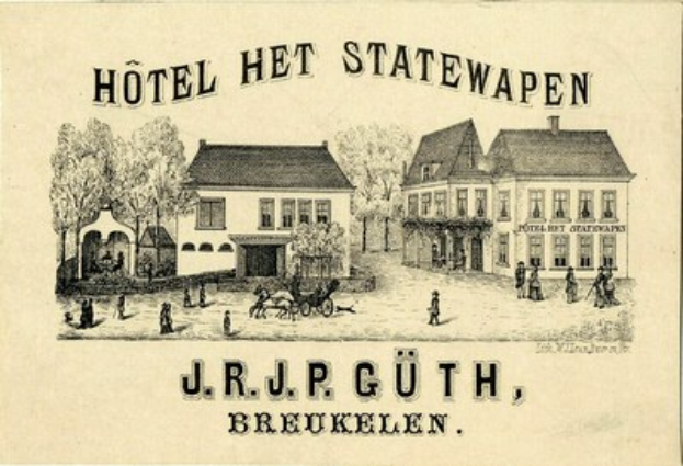 Alter Buchumschlag mit der Aufschrift "Hotel Het Statewapen", der ein Hotel mit umliegenden Gebäuden, Bäumen, Menschen und einem Wagen zeigt.
