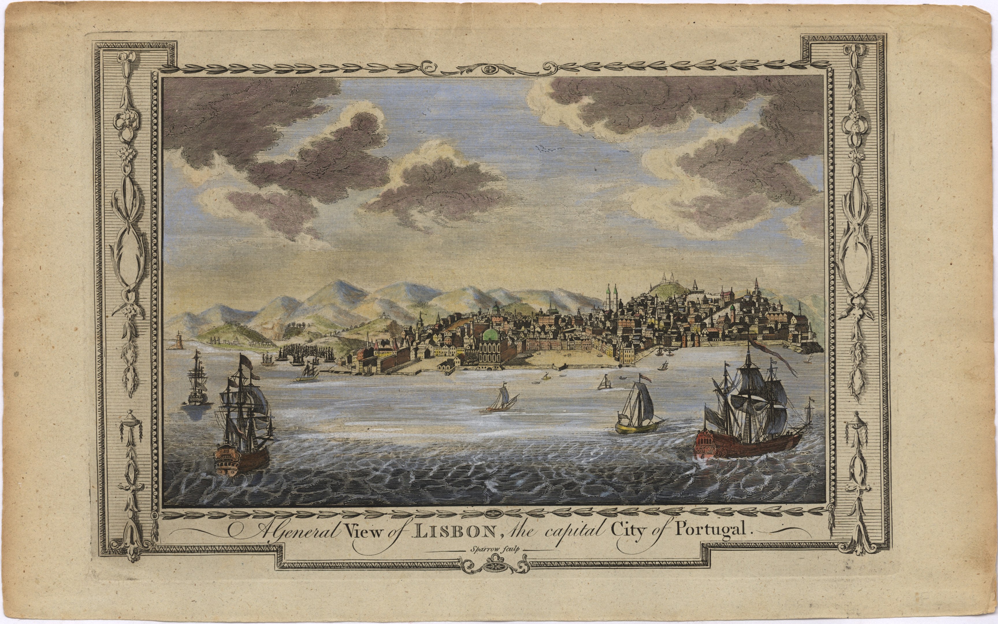 Ausblick auf Lissabon, Portugal, mit Booten auf dem Wasser, Gebäuden auf Hügeln und einem bewölkten Himmel, mit Text unten.