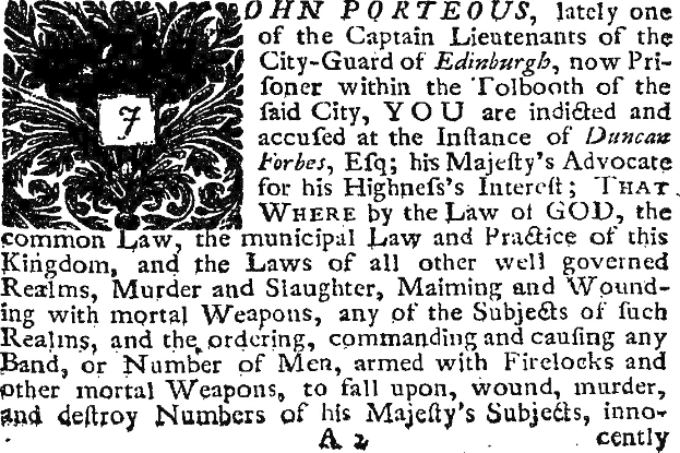 Schwarzes und weißes Bild eines Mannes in Anzug und Krawatte mit Text und einem Design auf dem Papier, einschließlich der Anklage gegen John Porteous.