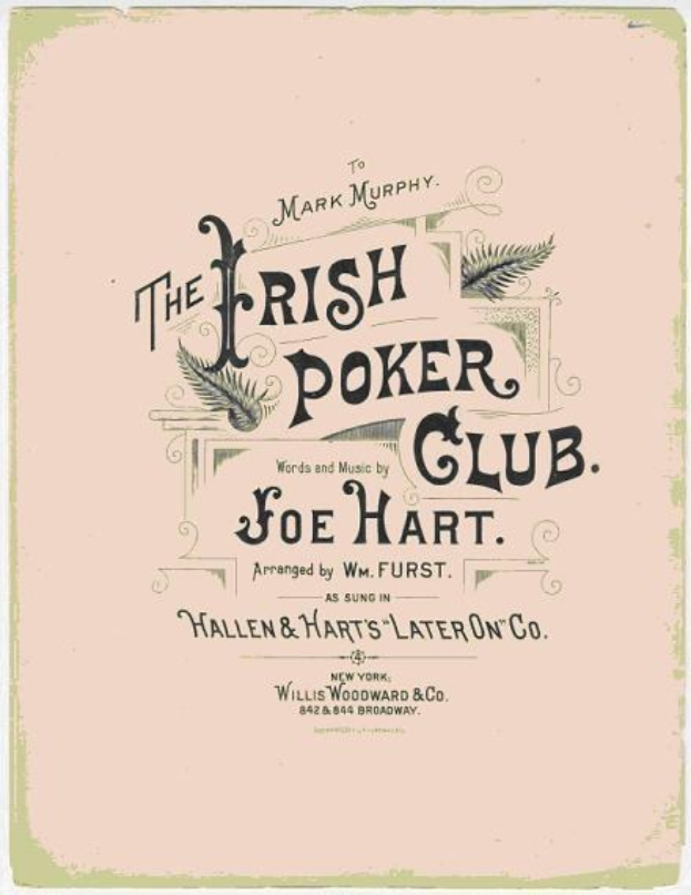 Plakat mit 'The Irish Poker Club' in fetter schwarzer Schrift auf einem weißen Hintergrund, eingerahmt von einem schmalen schwarzen Rand, mit einer bunten Kleeblatt-Illustration.