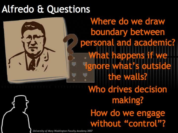 Plakat mit einem Foto von Alfredo und Fragen zu persönlichen und akademischen Grenzen, externen Einflüssen, Entscheidungsfindung und Engagement.