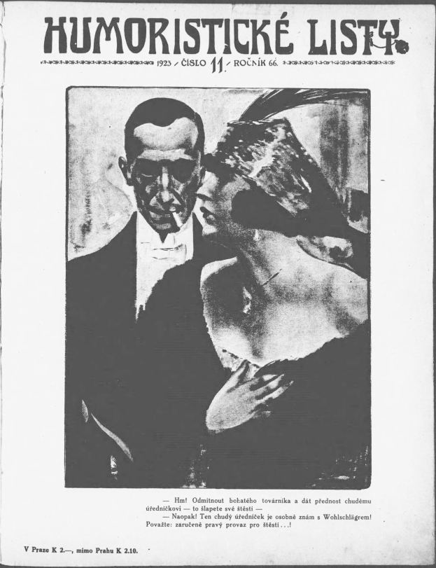 Ein schwarz-weißes Magazin-Cover mit der Überschrift "Humoristische Liste", das einen Mann in einem Anzug mit ernster Miene und eine Frau zeigt, die wegsieht und leicht schmunzelt.