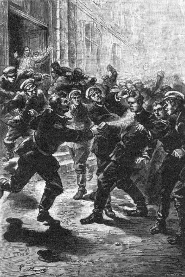 Schwarz-weiß-Illustration einer gewalttätigen Straßenschlacht unter einer Gruppe von Männern mit einem Gebäude im Hintergrund und der Unterschrift "Victorian riots in London, England" unten.