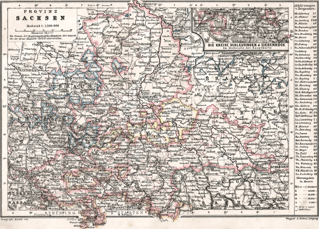 Eine alte Karte des Königreichs Sachsen, Deutschland, mit sichtbaren Provinzen von Bayern und Bayern, auf Papier gedruckt mit detallierten Texten über die Region.