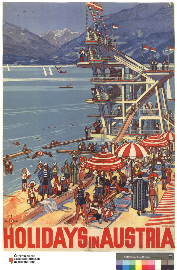 Plakat, das Ferien in Österreich ankündigt und Menschen am Strand mit Schirmen, einem Schiff im Hintergrund, Fahnen und fernen Bergen zeigt.