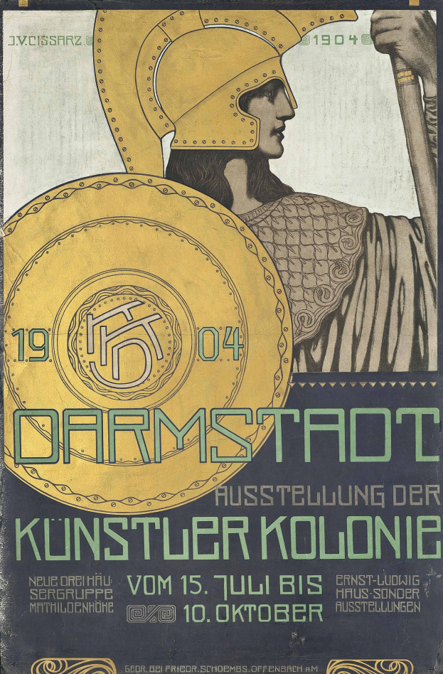 Plakat für ein 1904er Berlin-Konzert mit einem Helmbewaffneten, der ein Schild hält, mit «Darmstadt» und «Künstler Kolonie» in fetter Schrift.
