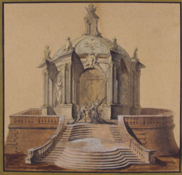 Zeichnung einer klassizistischen Brunnenanlage mit einer Statue darauf, umrahmt von einem dekorativen Rahmen und umgeben von Treppen und zusätzlichen Skulpturen.