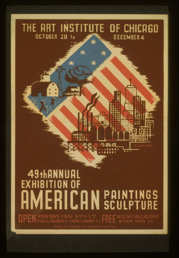 Plakat für die 49. Jahresausstellung des Art Institute of Chicago für amerikanische Malerei und Skulptur mit Text und exhibitionellen Bildern.