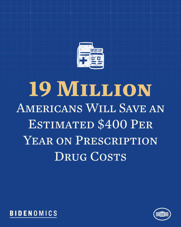 Ein blauer Hintergrund mit wei├čer Schrift und einem Logo, das "19 Millionen Amerikaner werden sch├Ątzungsweise 400 USD pro Jahr an Arzneimittelkosten sparen" lautet.