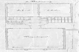 Ein detaillierter Grundrissplan einer Schule im ersten Stock in den Niederlanden, der eine runde Treppe und beschriftete Räume zeigt.