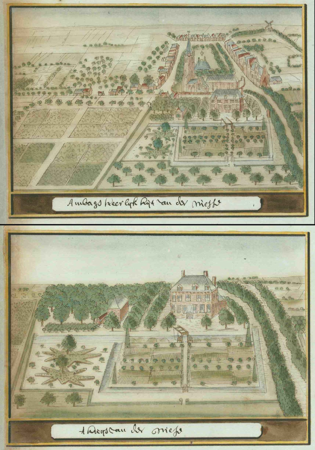 Zwei nebeneinanderliegende Stadtkarten mit dichtem Baumbestand, üppigen grünen Bäumen und farbenfrohen Pflanzen, mit Text am unteren Bildrand.