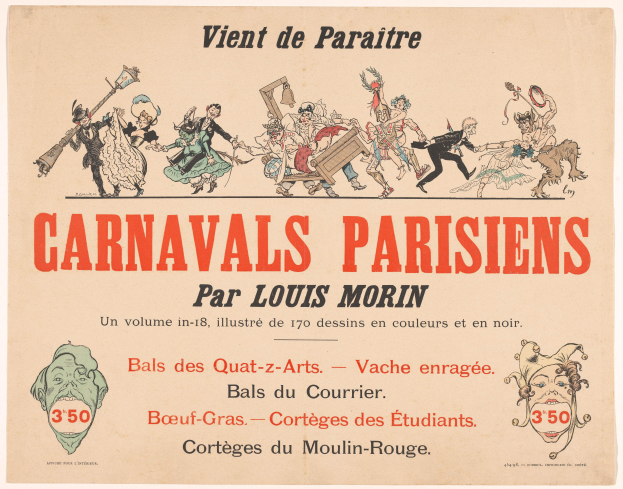 Ein Blatt mit der Überschrift "Karnevals Parisiens par Louis Morin" in fetter Schrift, das farbenfrohe, detaillierte Entwürfe von Menschen in bunten Karnevalskostümen und Masken zeigt.