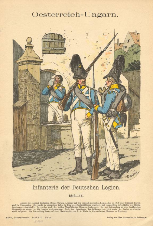 Eine alte Buchseite mit einer Zeichnung von zwei uniformierten Männern, von denen einer eine Waffe hält, vor einer Wand mit Bäumen und Gebäuden im Hintergrund; Text lautet "Infanterie der Deutschen Legion 1813-14".