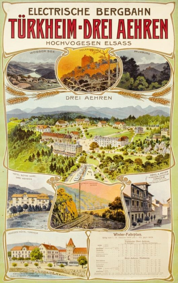 Plakat f"{u}r Bergbahn, Deutschland als elektrischen Stadt mit Bildern von Geb"{a}uden, B"{a}umen, H"{u}geln und beschreibendem Text.