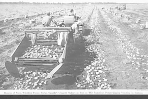 Ein Schwarz-Weiß-Foto eines Traktors auf einem Feld, umgeben von Menschen, Bäumen und einem klaren Himmel, mit dem Text "Cotton Mill" unten.