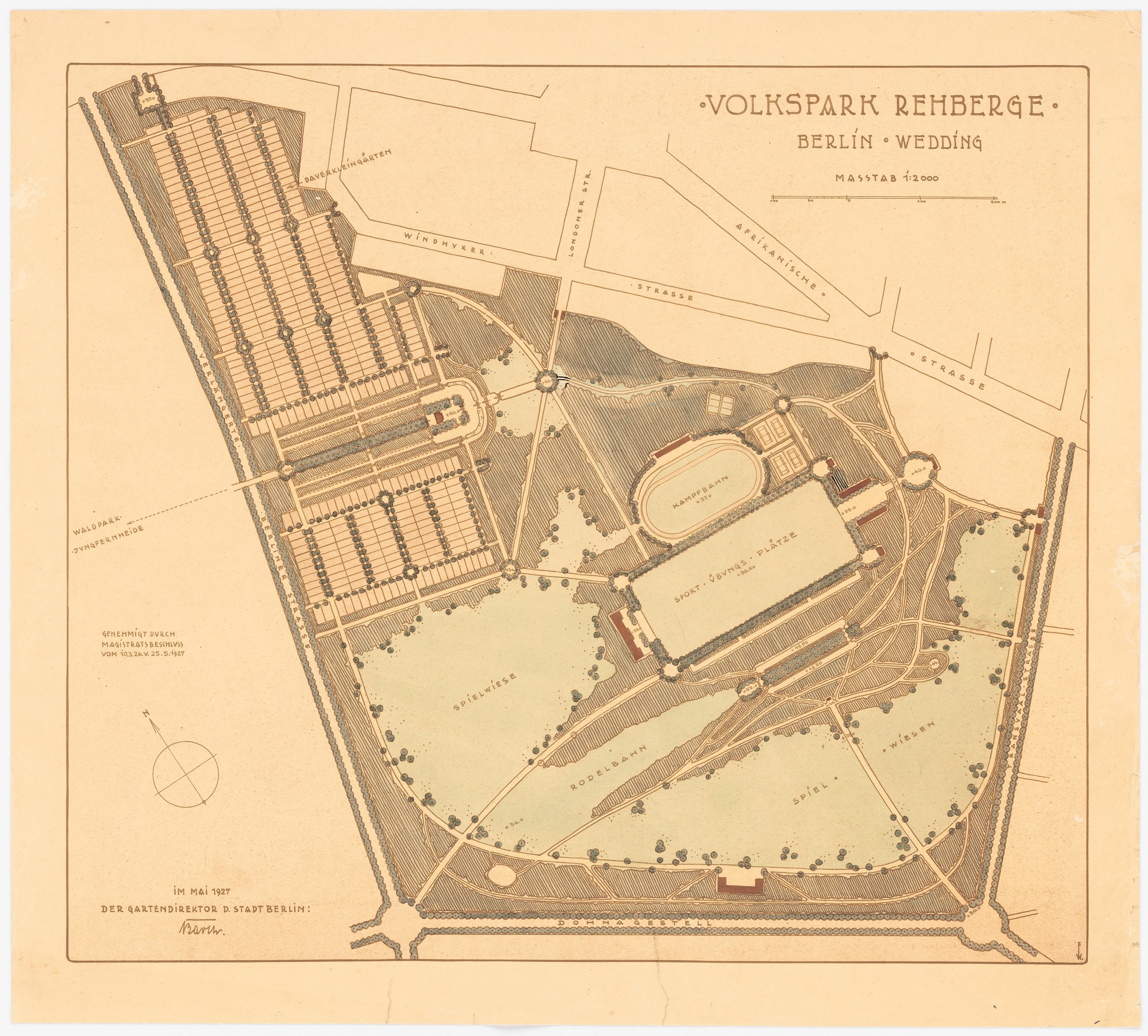 Ausführliche alte Karte von Berlin, Deutschland, mit hervorgehobenen Gebäuden, Straßen und Parkmerkmalen im Volkspark Rehberg.