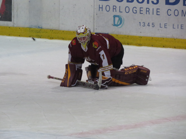 Eishockeyspieler in rot-gelber Uniform, der einen Schuss auf dem Eis abwehrt, trägt Helm, Handschuhe und Knieschoner, hält einen Eishockeyschläger, mit einer Wand und Text im Hintergrund.