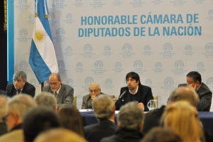 Eine Gruppe von Menschen sitzt in Reihen von Stühlen, mit einem Tisch vor der ersten Reihe, der einen Krug, Papiere und einen Stift enthält. Die Person in der Mitte spricht in ein Mikrofon, mit einer weißen und blauen Flagge dahinter und einem weißen und blauen Hintergrund, auf dem "ehrenwerte kamara de" steht.