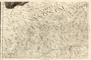 Eine alte Karte von Sachsen, Deutschland, die geografische Merkmale wie Flüsse, Berge und Städte zeigt, mit begleitendem Text, der regionale Informationen bereitstellt.