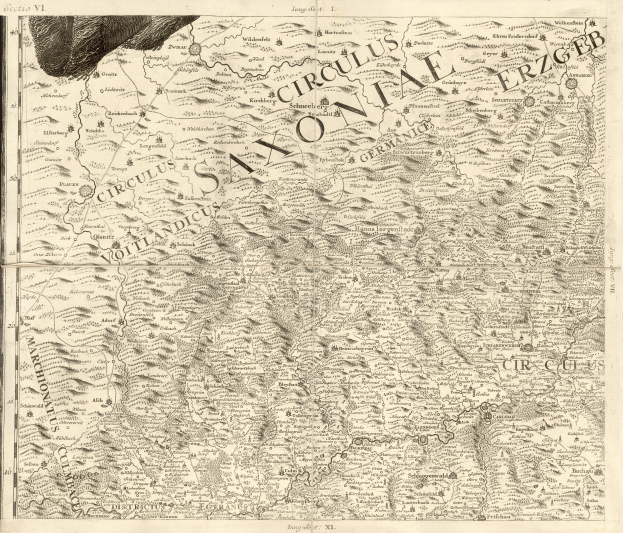 Eine alte Karte von Sachsen, Deutschland, die geografische Merkmale wie Flüsse, Berge und Städte zeigt, mit begleitendem Text, der regionale Informationen bereitstellt.
