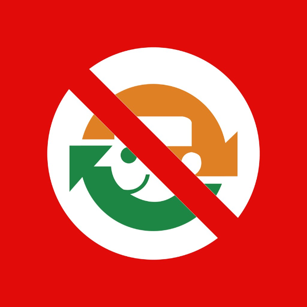 Ein rotes und weißes Schild mit einem nach rechts zeigenden Pfeil und "Keine Wiederverwertung" in fetter schwarzer Schrift auf einem weißen Hintergrund.