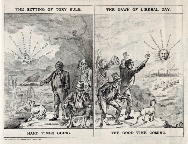Schwarze und weiße Illustration, die eine Szene aus dem Übergang von Tory-Regelung zu liberaler Regierung zeigt, mit mehreren Personen, Tieren und Gegenständen.