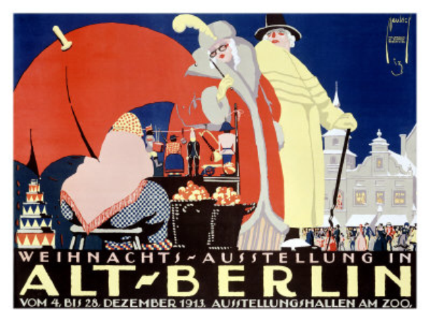Ein Plakat, das ein Zirkus in Berlin, Deutschland, ankündigt, mit einer farbenfrohen Illustration von Menschen, Gebäuden und anderen Gegenständen und den Worten "Weihnachts Ausstellung in Alt-Berlin" darüber geschrieben.