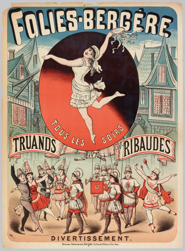 Ein Plakat, das ein Tanzshow in Paris ankündigt, zeigt eine Gruppe von Menschen, die im Vordergrund tanzen, mit Gebäuden im Hintergrund und Text, der die Show beschreibt.