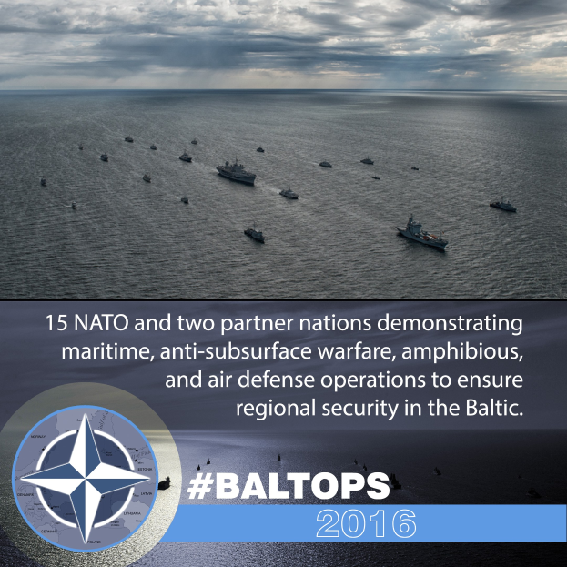 Gruppe von Schiffen auf dem Wasser mit einem bewölkten Himmel, mit Text und einem Logo über NATO-Meereskriegsübungen in der Ostsee.