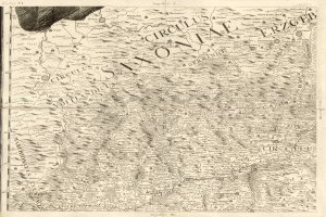 Ein detaillierter alter Sachsen-Plan von Deutschland, der geographische Merkmale wie Flüsse, Berge und Städte zeigt, mit begleitendem Text, der zusätzliche Informationen über die Region und ihre Bewohner liefert.