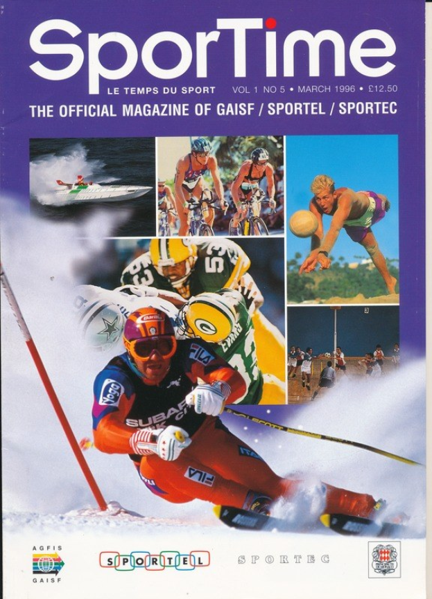 Titelbild von *Sporttime Magazine* aus März 1996, das Bilder von Skifahrern und Snowboardern neben Text und Logos zeigt.