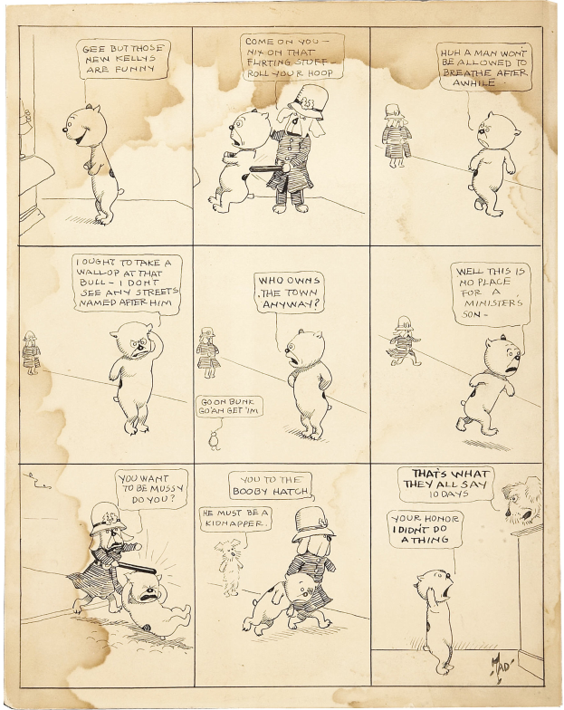 Eine Comicseite mit einem Mann und einer Frau im Gespräch, wobei der Mann gestikuliert, als ob er etwas erklärt, gezeichnet auf einem Blatt Papier mit spaßigem Text.