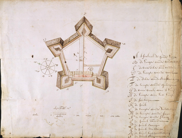 Ein altes Buch mit einer Zeichnung einer fünfeckigen Struktur, die als 16. Jahrhundert-Plan des Pentagon gilt, mit Text auf der Seite und einem dunklen Hintergrund.