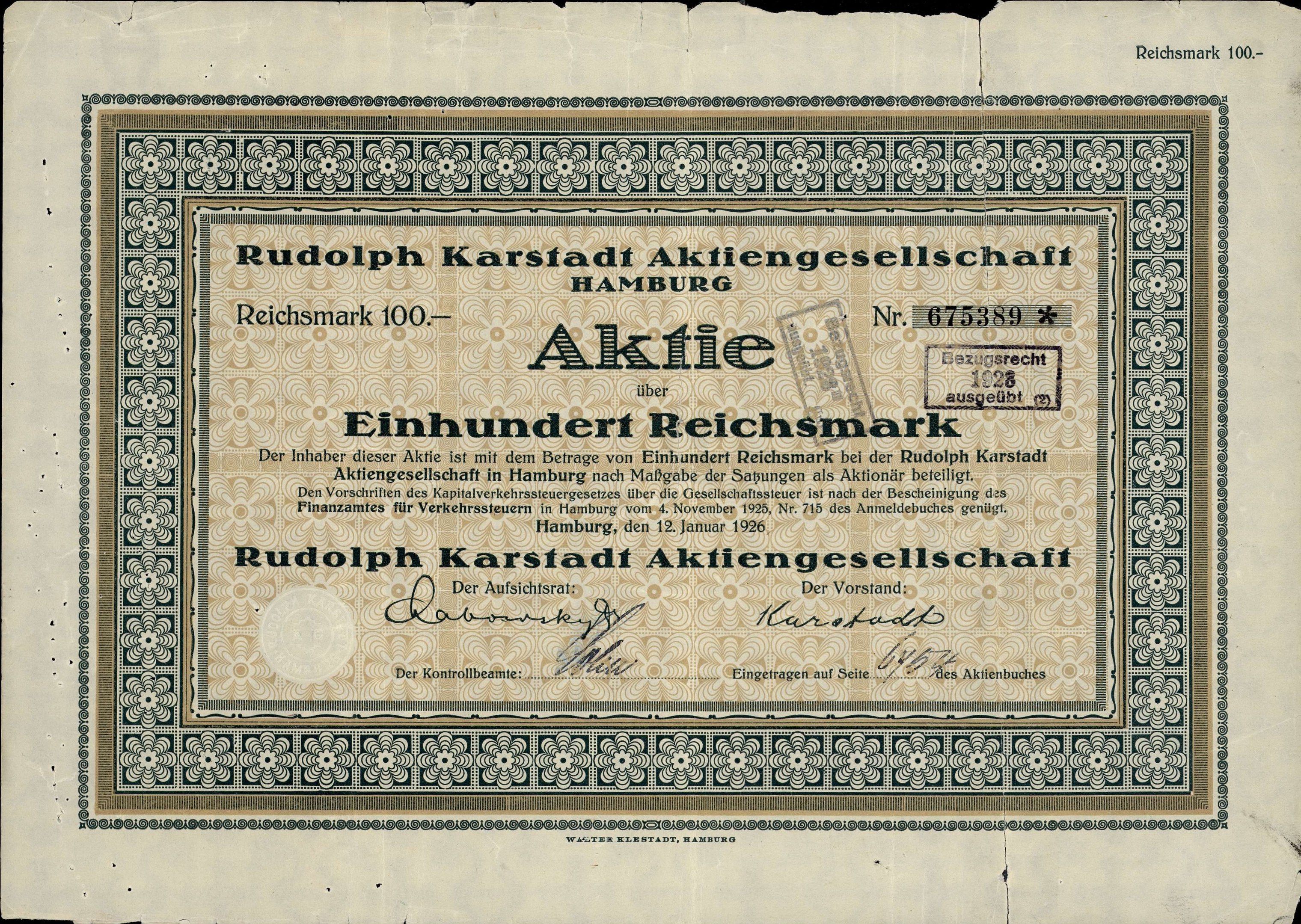 Alte deutsche Banknote mit schwarzem Hintergrund und Text, der "Rudolph Karlstadt Aktiengesellschaft Hamburg" liest.