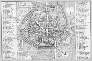 Eine schwarz-weiße detaillierte Karte von Göttingen, Deutschland, die Straßen, Gebäude und Sehenswürdigkeiten mit Textbeschriftungen zeigt.