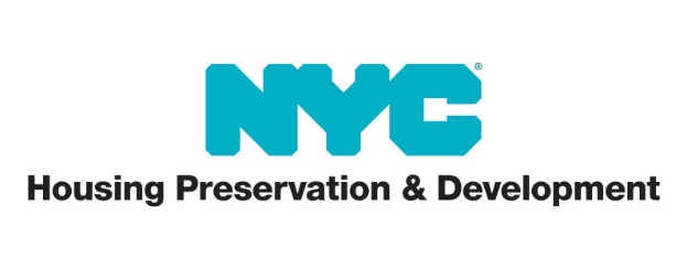 Weißer Hintergrund mit mittig gesetzter, fetter schwarzer Schrift "NYC Housing Preservation & Development" in moderner Schriftart, eingerähmt von einem schmalen schwarzen Rand.