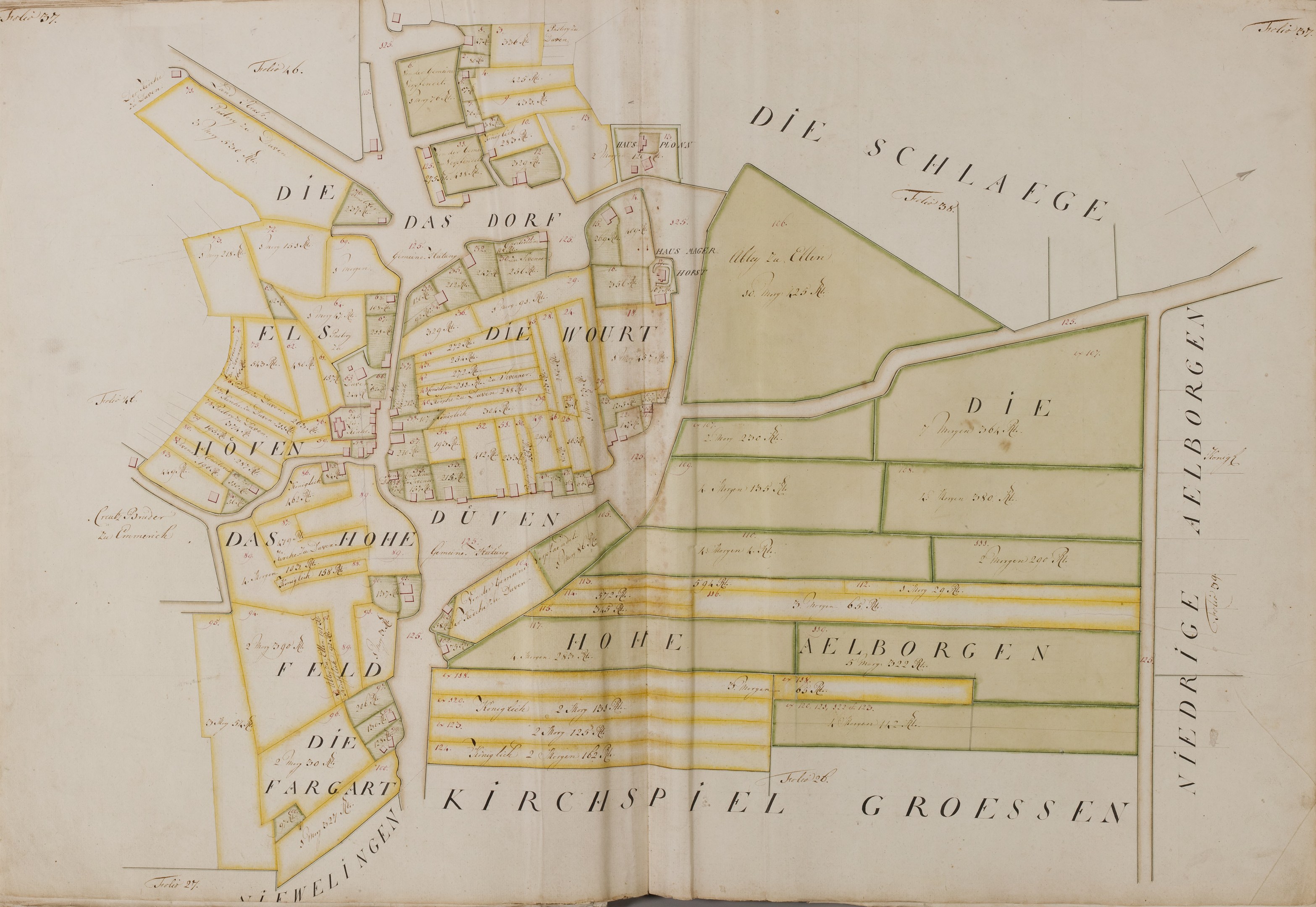 Ein altes Buch mit einer detaillierten Karte von Hamburg, Deutschland, mit sichtbarem Text über die Bevölkerung, Straßen und Sehenswürdigkeiten der Stadt.