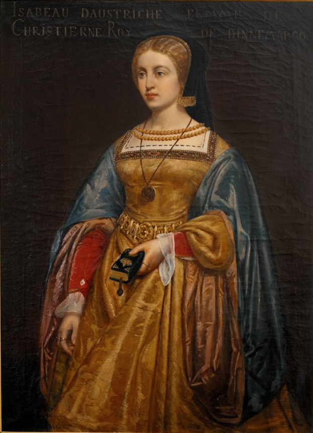 Gemälde von Isabella daustriche in einem goldenen Kleid mit feinen Details, Haar zu einem Dutt gebunden, majestätisch aussehend mit einem friedlichen Gesichtsausdruck, von Christierne Roy.
