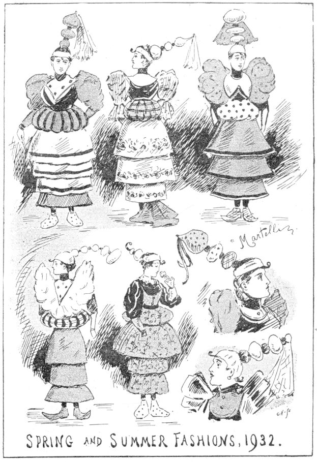 Modeillustration von Frauen, die 1932 Frühjahrs- und Sommerkleider tragen, mit begleitendem beschreibendem Text.