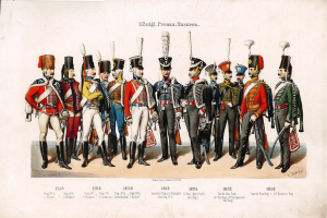 Eine Gruppe von Männern in 19. Jahrhundert deutschen Infanterieuniformen, die in einer Reihe stehen und verschiedene Gegenstände halten, mit dem Text "1836 Deutsche Infanterie" unten.